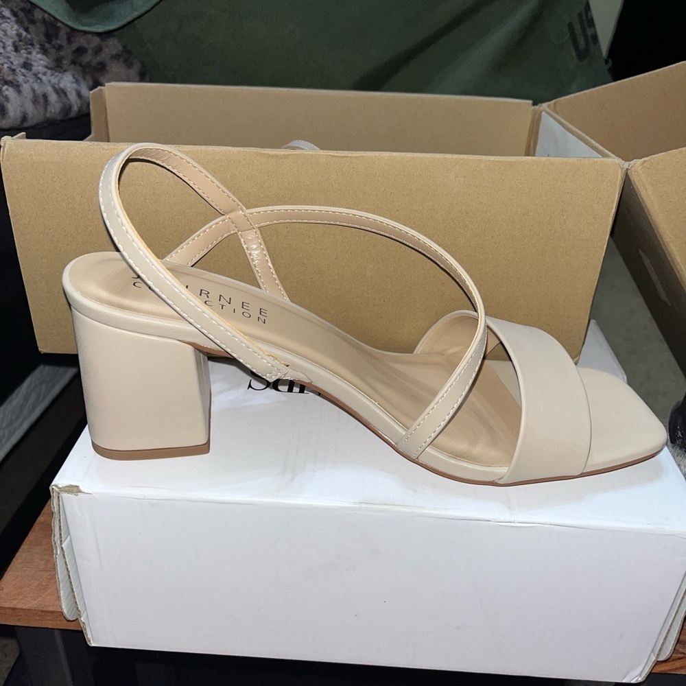 Journee Collection Cream Strappy Block Heels
